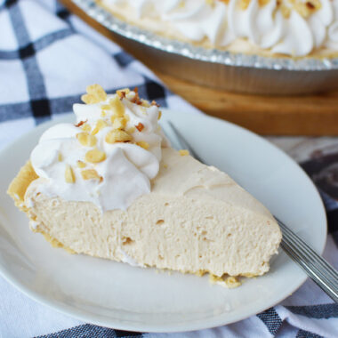 No Bake Peanut Butter Pie being served on a white plate.