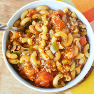 Old Fashioned Goulash being served in a white bowl.