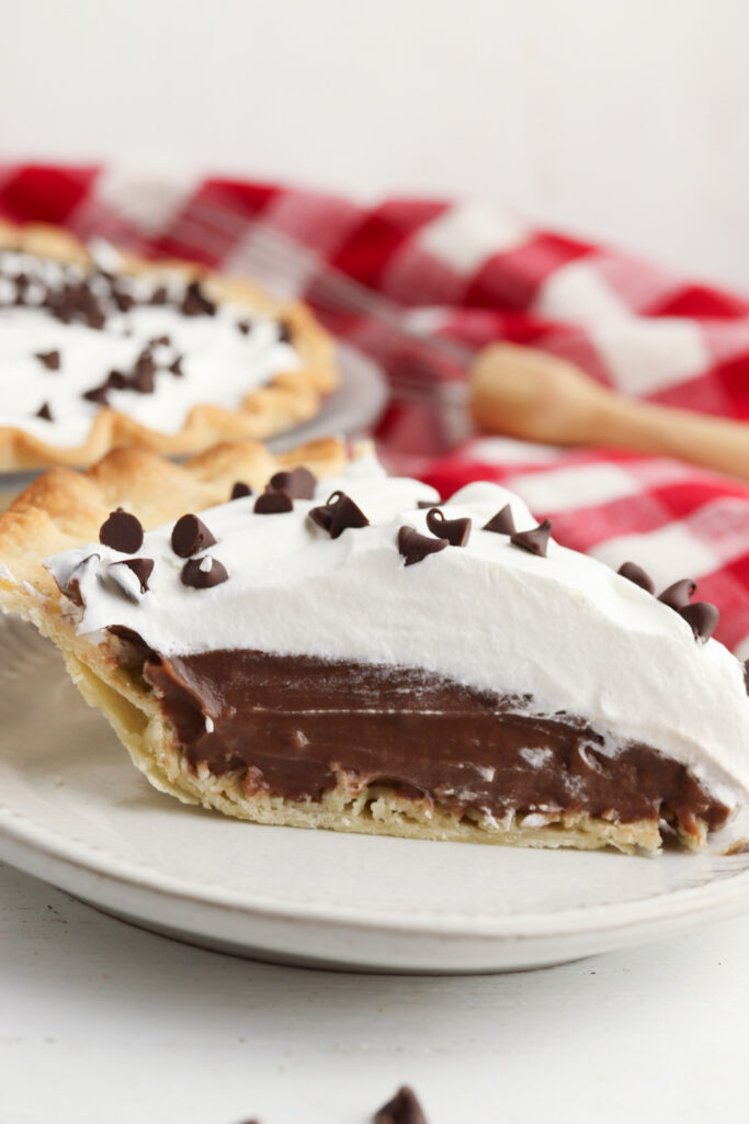 Simple Chocolate Cream Pie with a whipped topping and mini chocolate chips. 