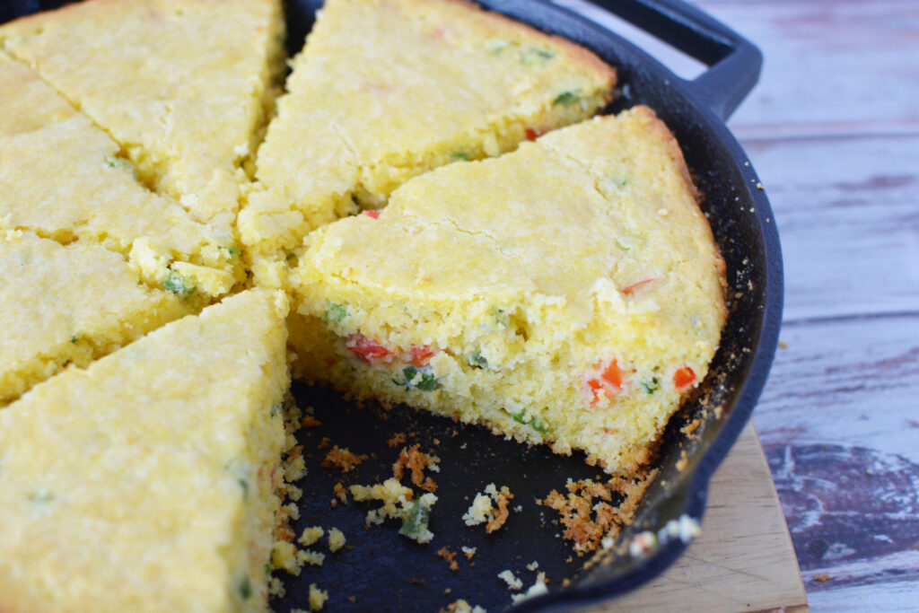 Jiffy Jalapeno Cornbread in a cast iron skillet