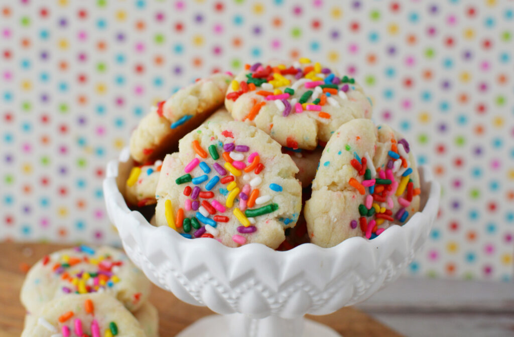 Funfetti Cake Mix Cookies in a white party bowl