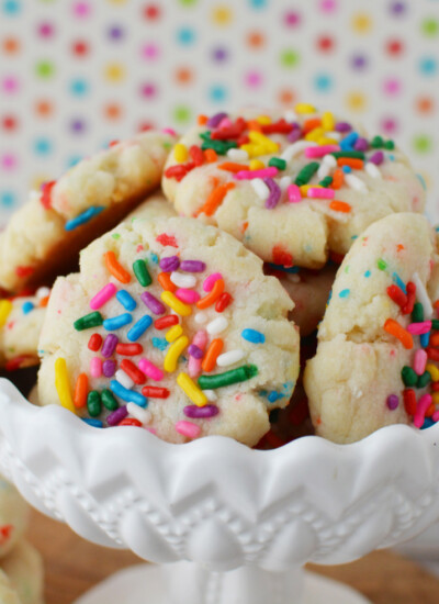 Funfetti Cake Mix Cookies in a white party bowl