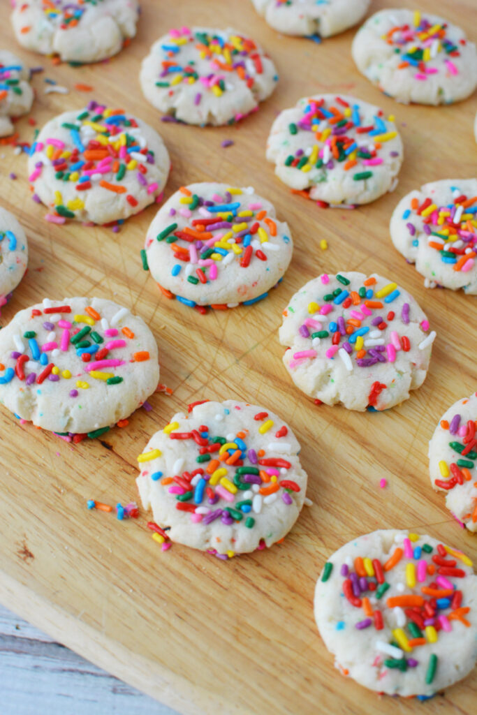 Funfetti Cake Mix Cookies on a cutting board