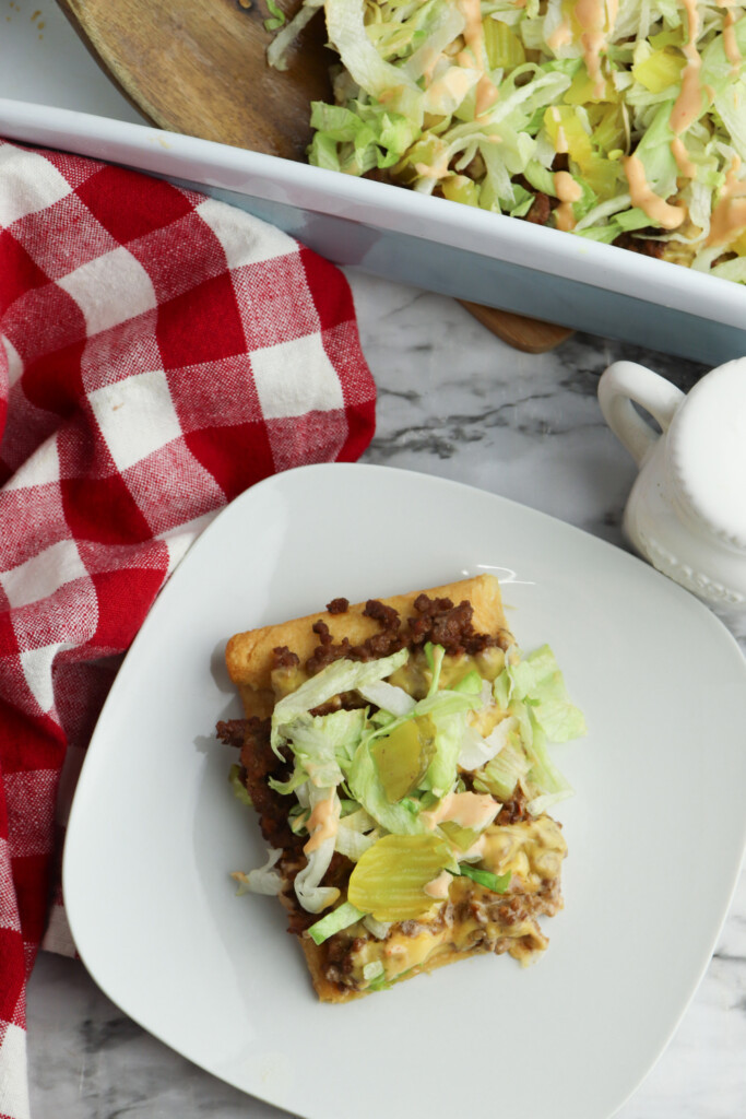 Easy Big Mac Casserole being served on a plate for dinner.