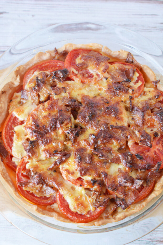 Southern Tomato Pie in a pie dish.