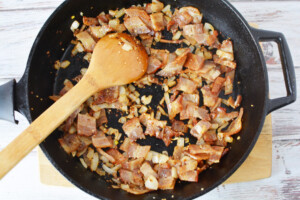 cook bacon, onions and garlic