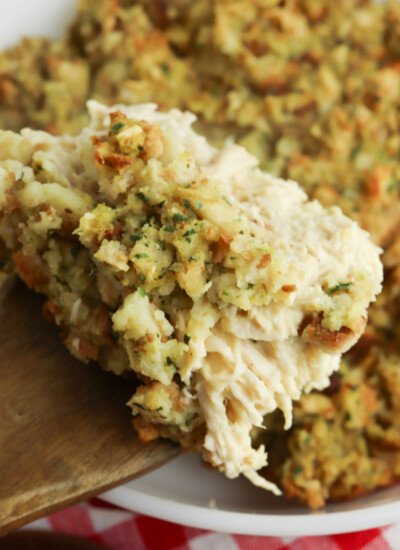Casserole with Chicken and Stuffing being served