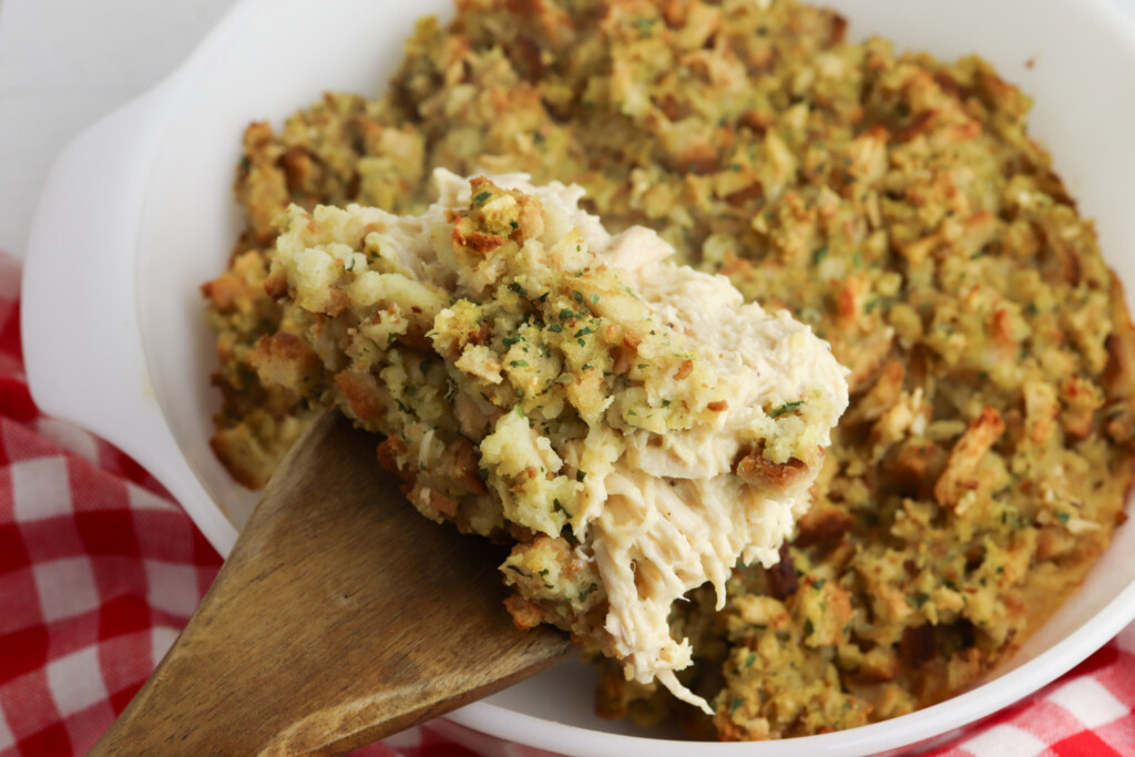 Chicken and Stuffing Casserole on a serving spoon.