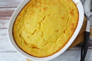 Cornbread cowboy casserole coming out of oven