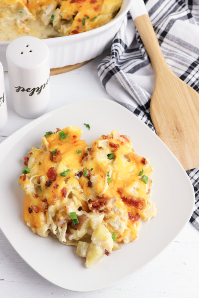 Easy Chicken and Potato Casserole on a white plate.