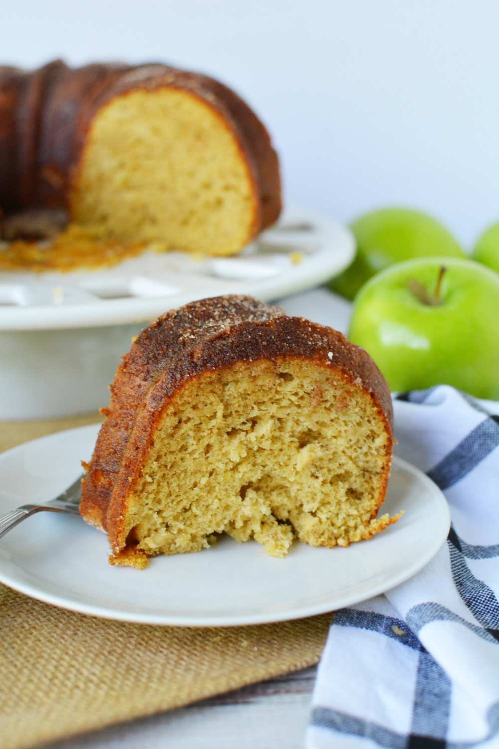 A slice of apple cider donut cake