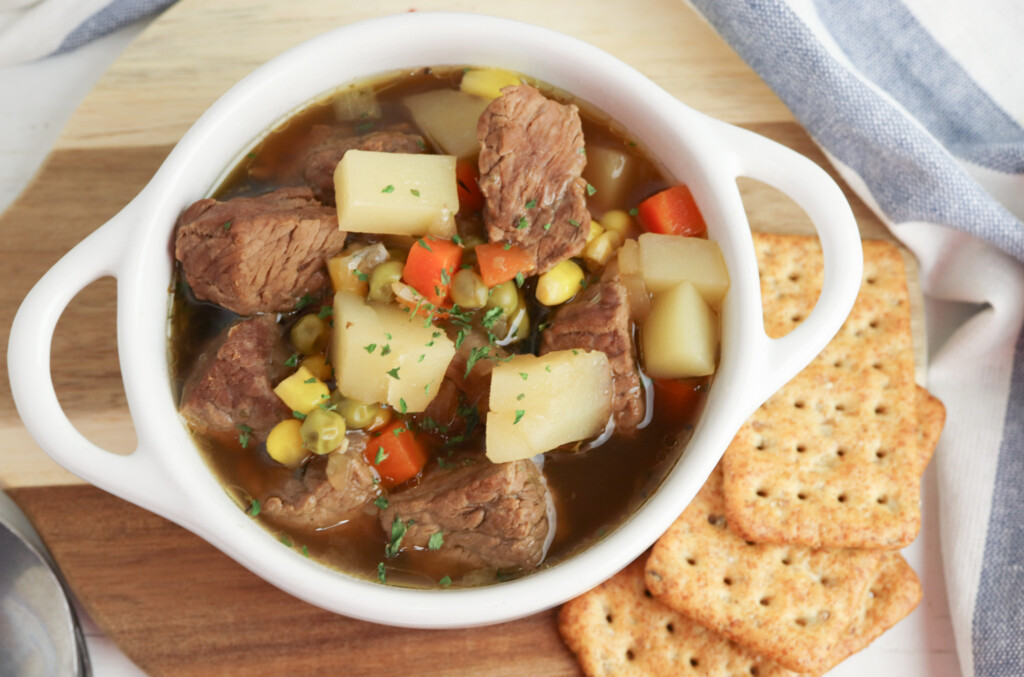 easy vegetable beef soup in a white bowl.
