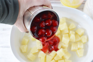 pour cherries into baking dish