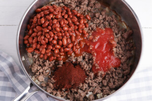 Add tomato sauce, beans and seasoning