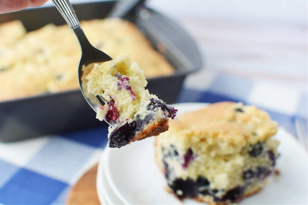 easy blueberry cake on a fork