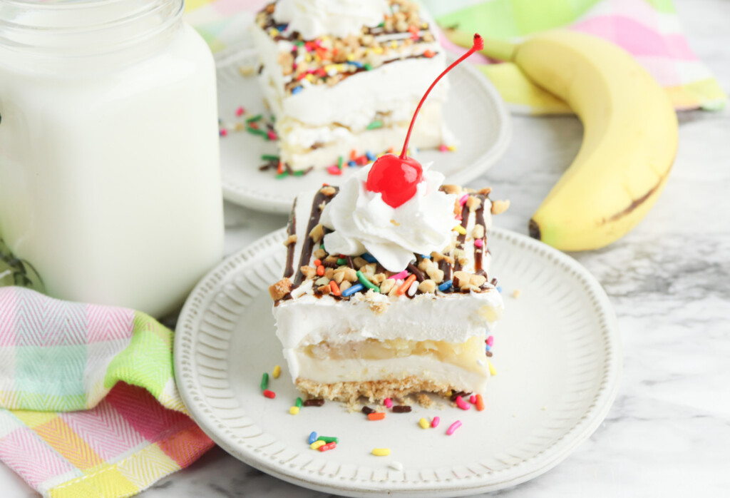 Banana Split Cake on a white plate