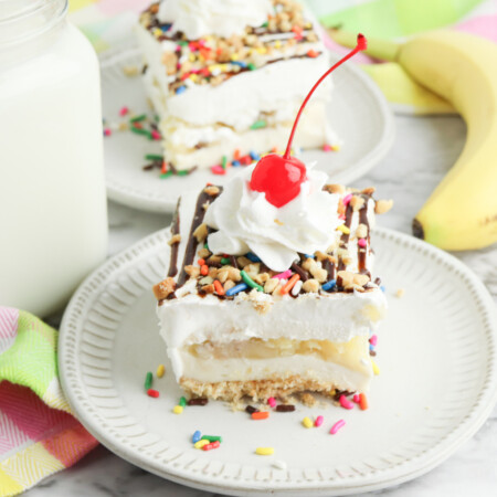 Banana Split Cake on a white plate