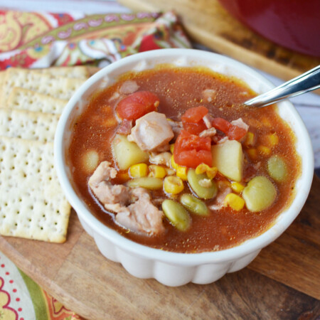 Brunswick Stew in a white bowl