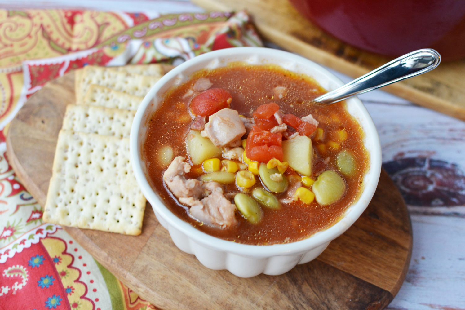 Brunswick Stew in a white bowl