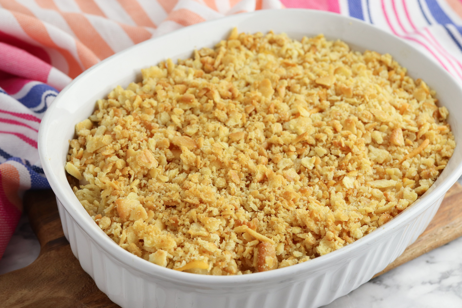 Easy Pineapple Casserole coming out of the oven