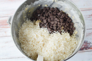 add chocolate chips and coconut