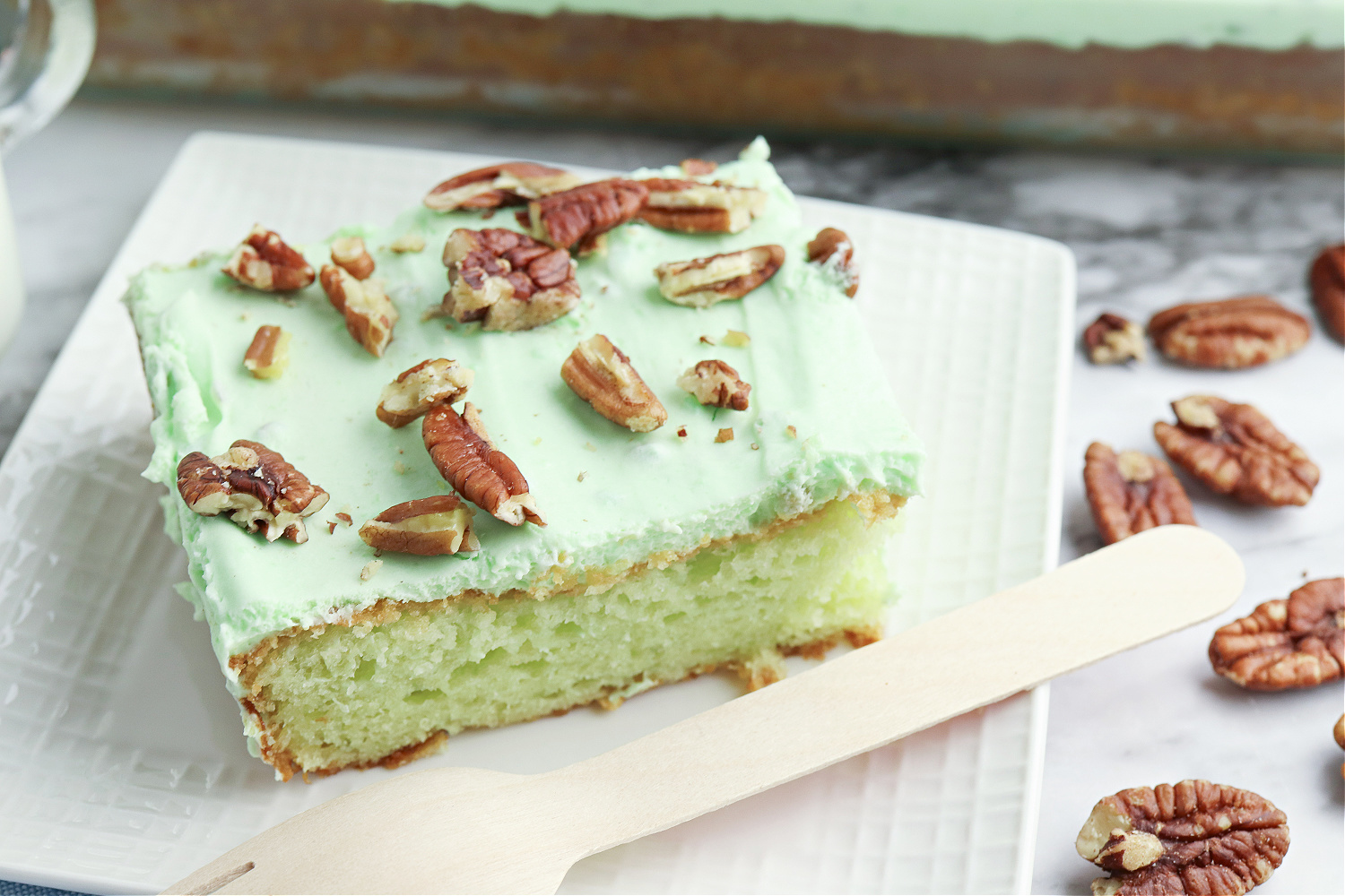 Watergate Cake on a white plate