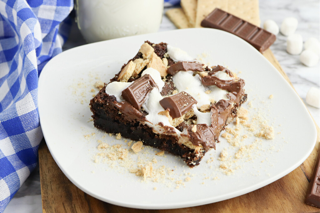 smores brownies on a white plate.
